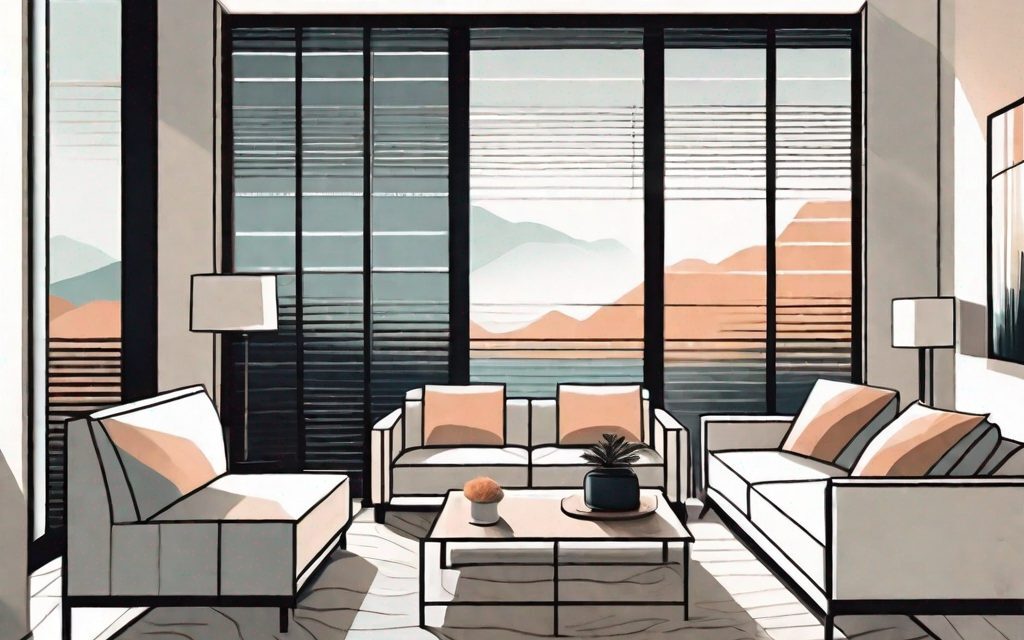 A modern living room with a large window showcasing built-in blinds
